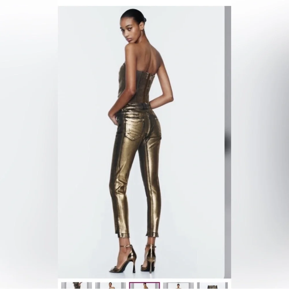 NWOT ZARA Metallic Cyber Gold Slim Crop Pants - Women size 4